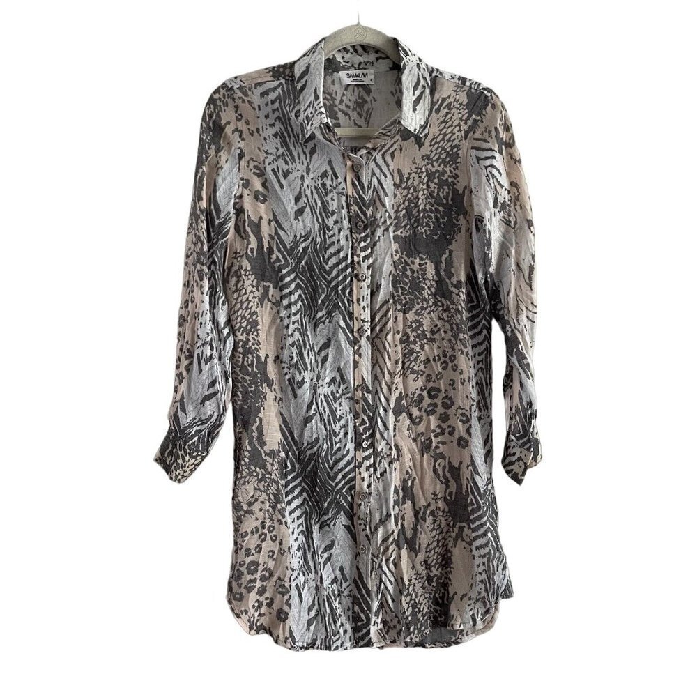 Sam & Lavi Women SZ S White/Pink/Gray Botanical Print Button Front Shirt Dress